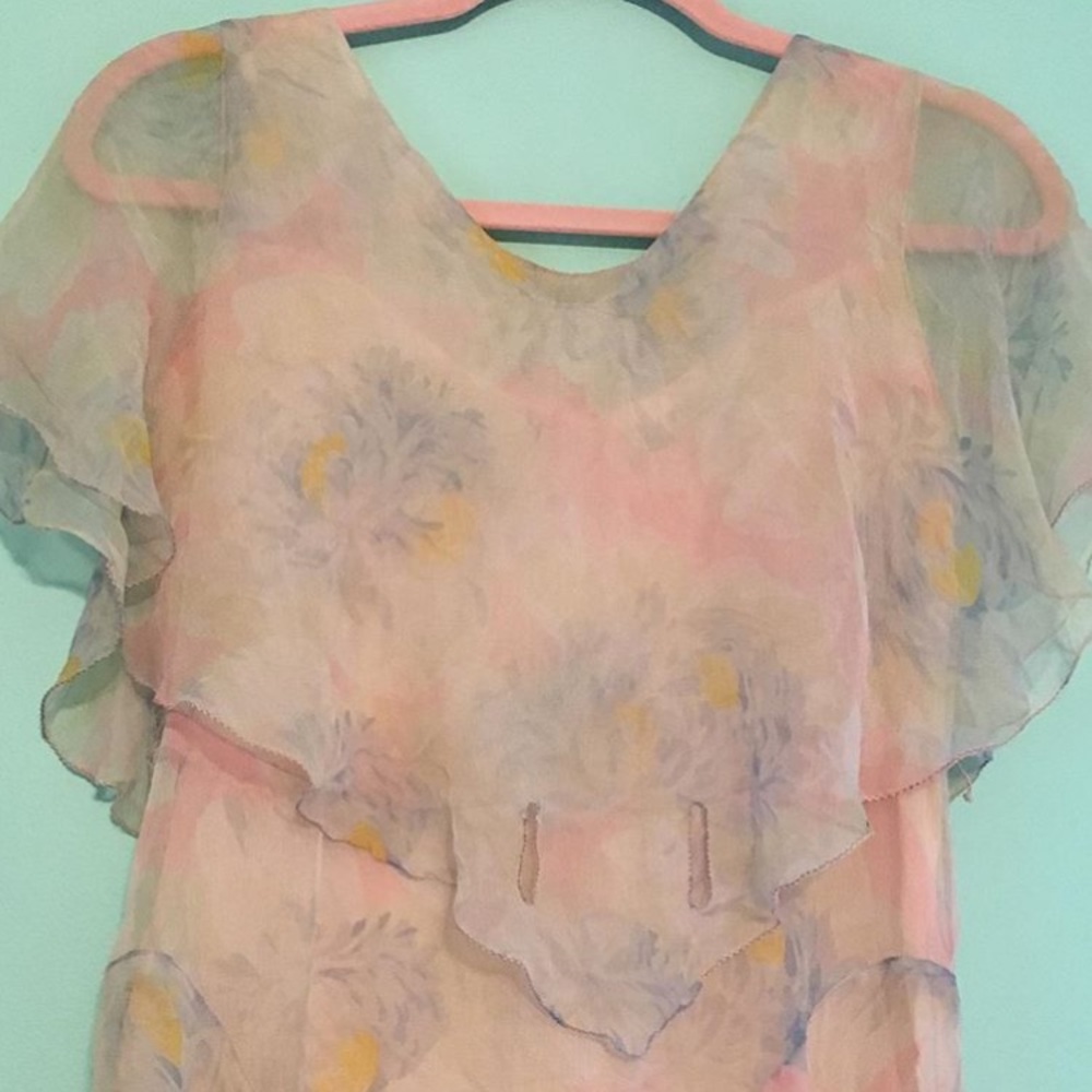 1920s silk chiffon floral pastel fair dress xs